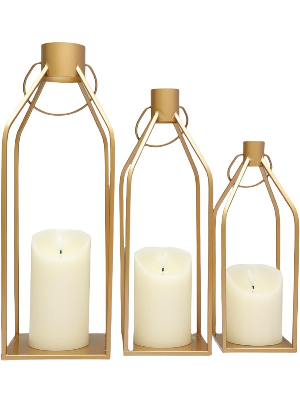 New Open Box Lanterns Decorative Tall Large Gold Metal Candle Lanterns Set of 3